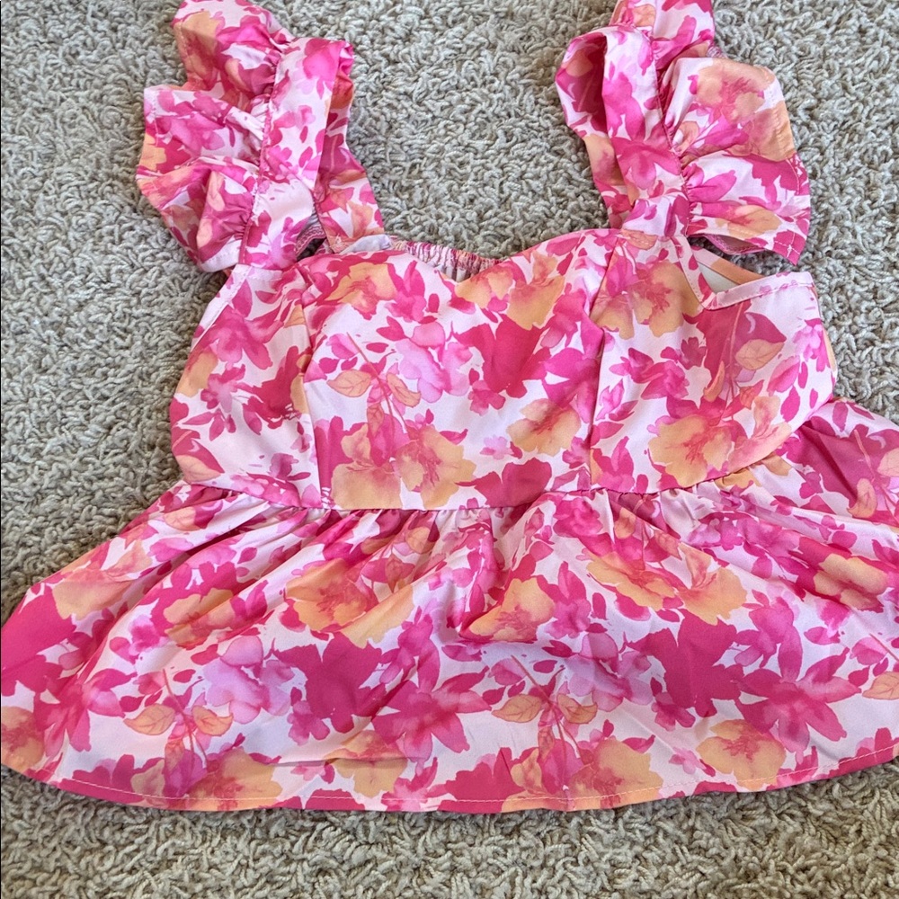 SHEIN Pink Floral Ruffle Tank Top XS crop